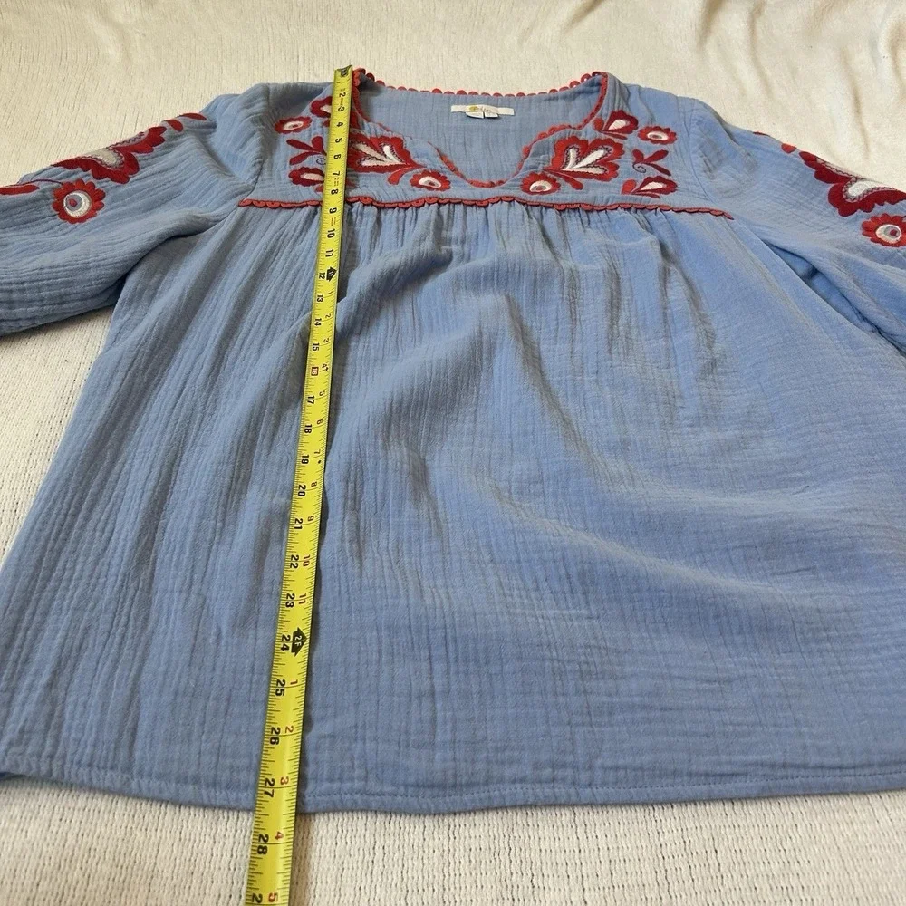 Boden Boho Embroidered Blouse Sz 12 Blue Red 3/4 Balloon Sleeve Cotton Peasant - Picture 10 of 13